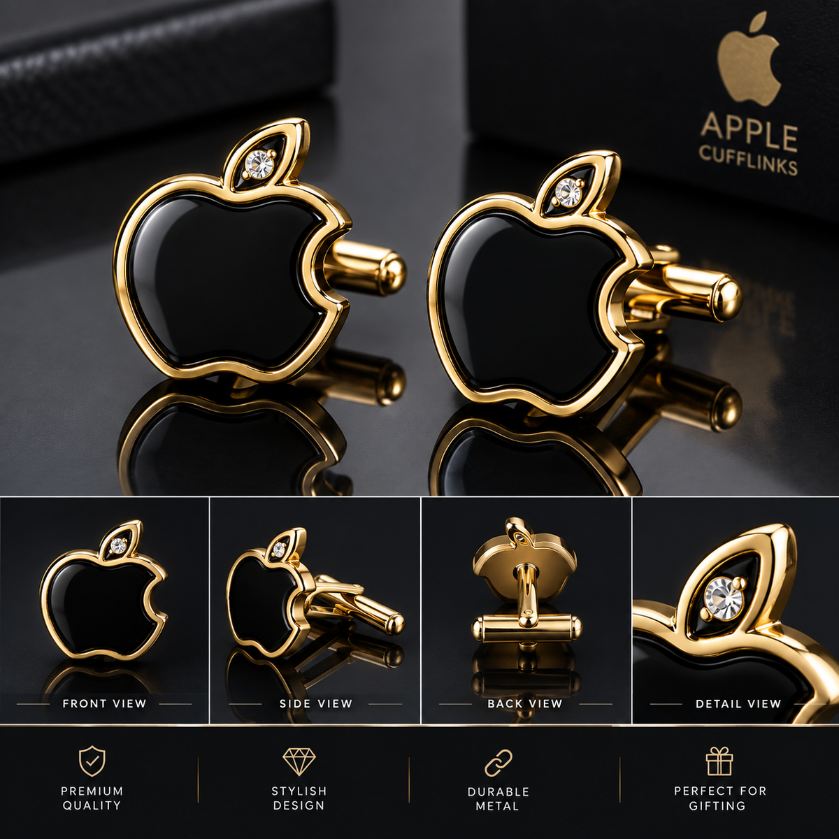 Apple Brand Metal Cufflink Stud- Metal Black, Golden and Blue Imported Quality